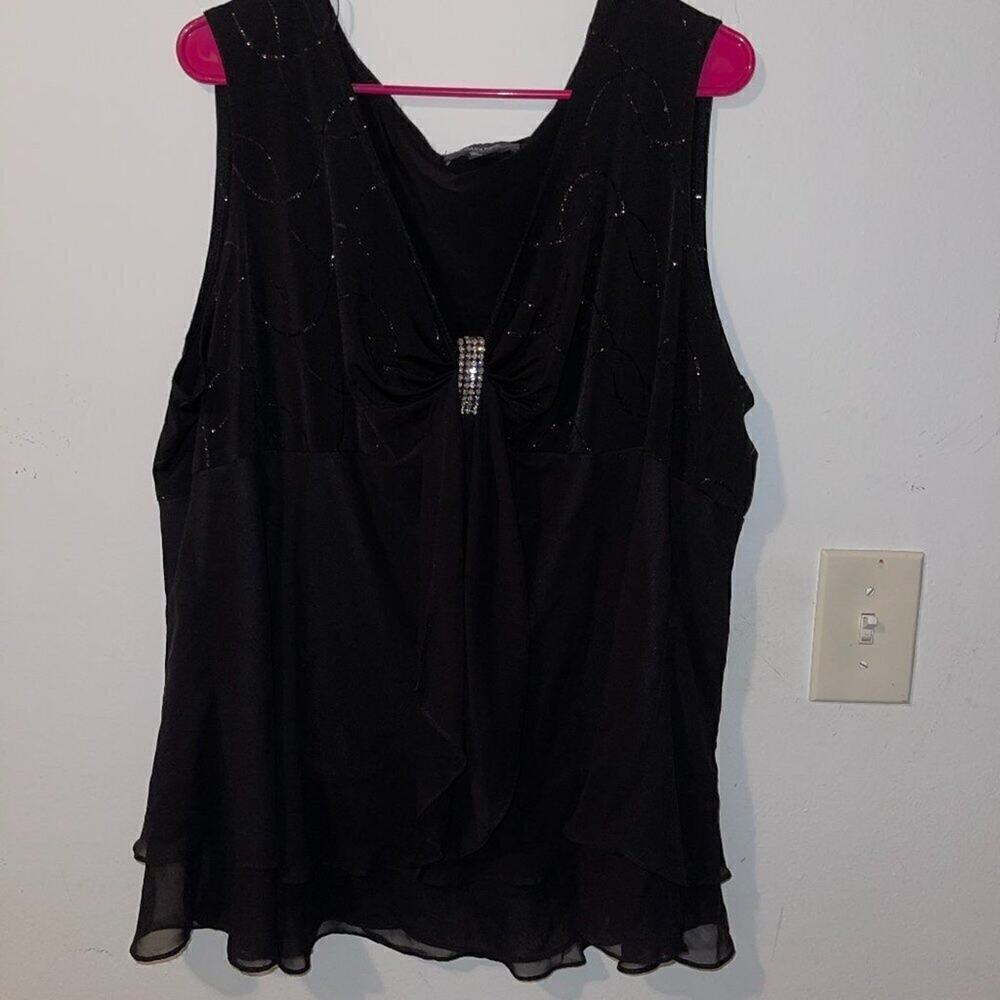 R&M Richards Black Chiffon Rhinestone Glitter Evening Top Plus Size 24W